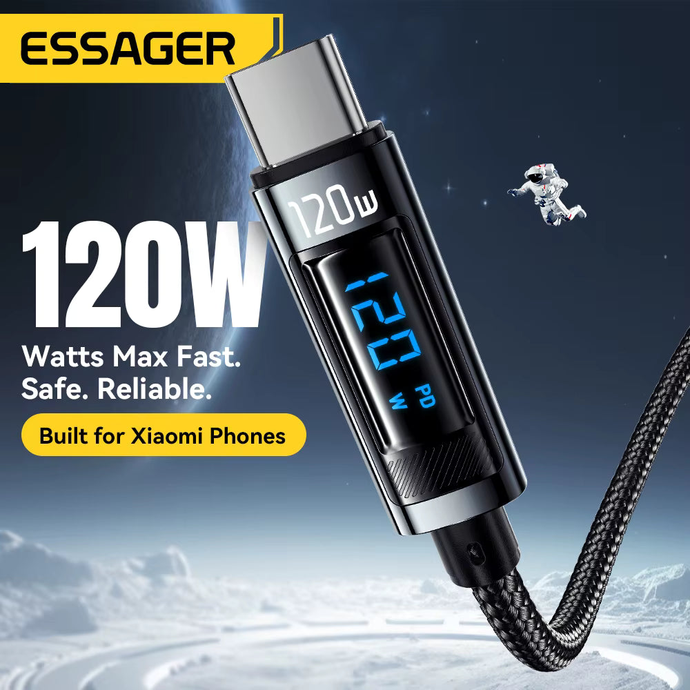 Essager 120W USB-C Fast Charging Cable | LED Digital Display Charger Cord
