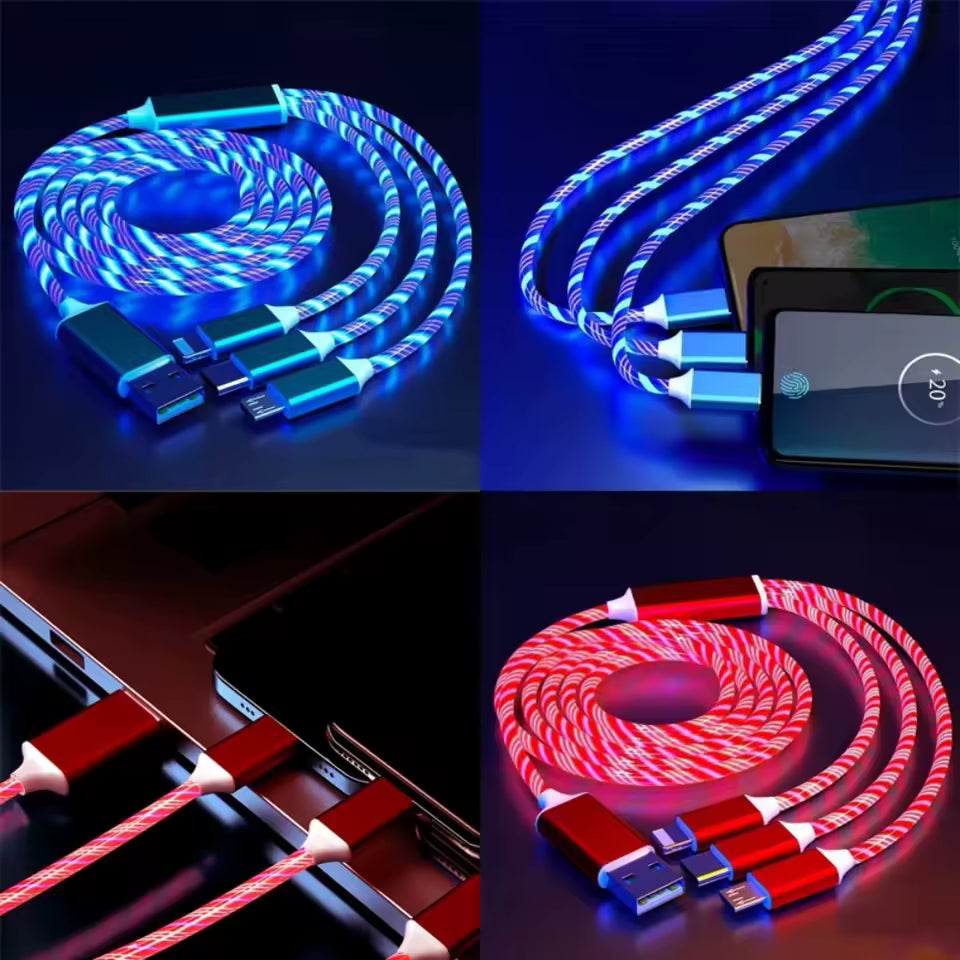 Glowing LED 3-in-1 Fast Charging Cable for Samsung, Xiaomi & iPhone ✨