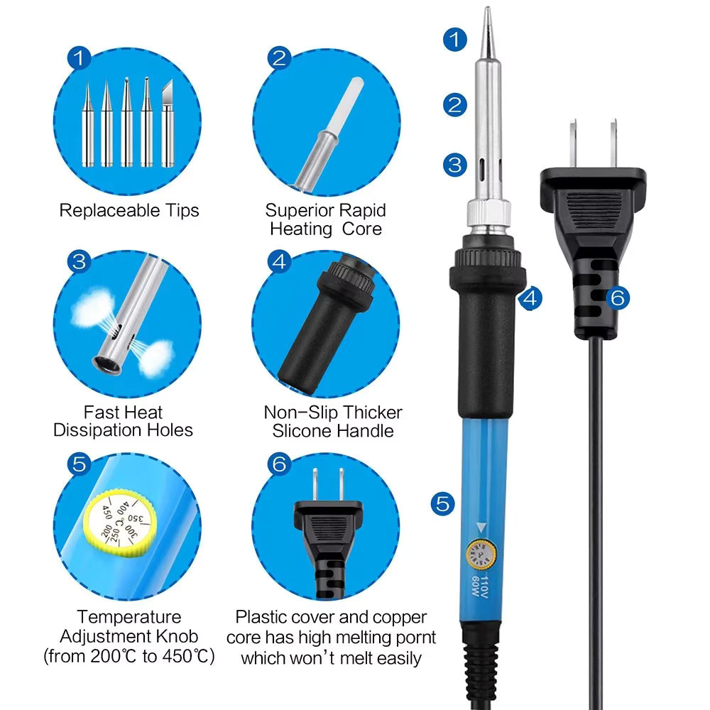 60W Adjustable Temperature Electric Soldering Iron for DIY Repair