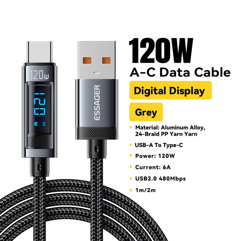 Essager 120W USB-C Fast Charging Cable | LED Digital Display Charger Cord