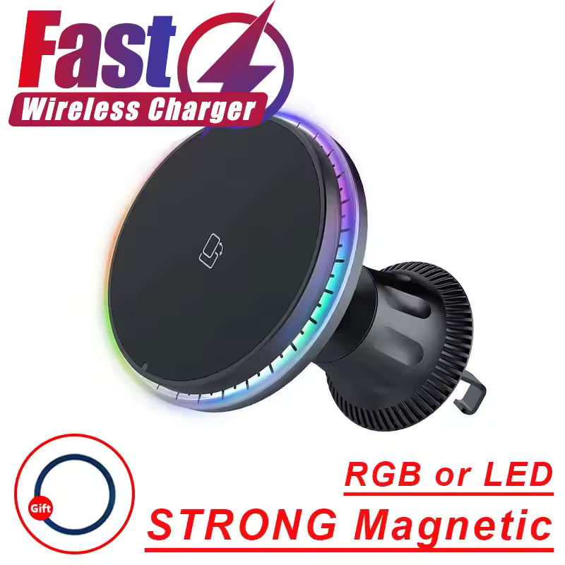RGB Magnetic Wireless Car Charger & MagSafe Phone Mount for iPhone 12–17 Pro Max