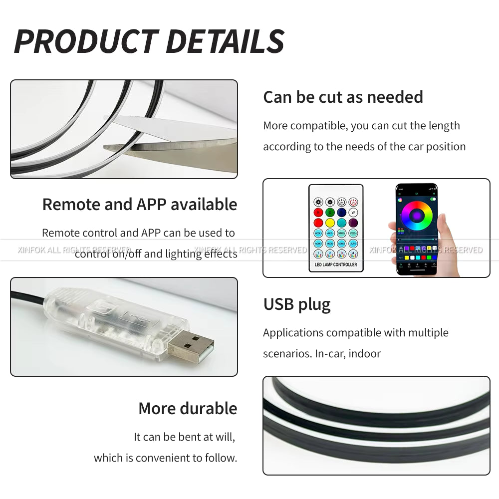 110cm APP Control RGB Car Ambient Light – LED Interior Symphony Atmosphere Strip for Dashboard & Sunroof
