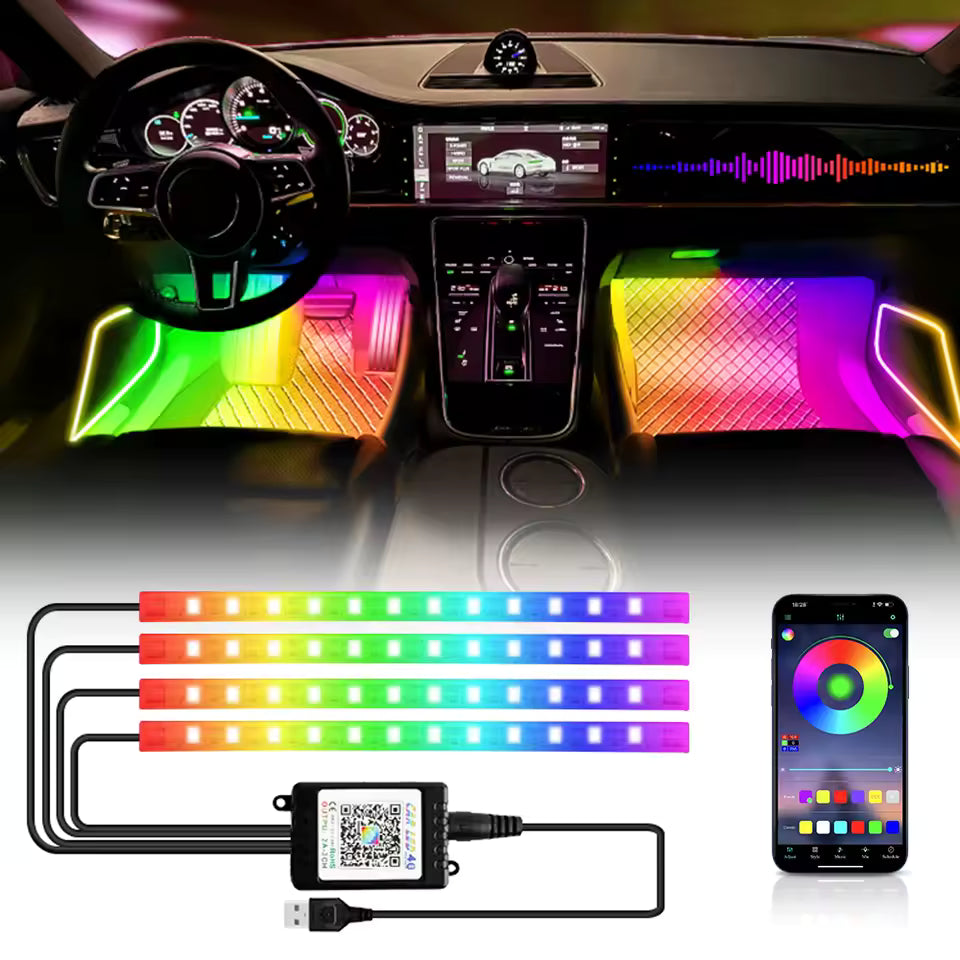Neon RGB Car Interior Foot Lights – 48/72 LED Ambient Lighting with USB, APP & Remote Control