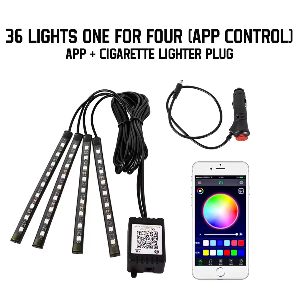 Neon RGB Car Interior Foot Lights – 48/72 LED Ambient Lighting with USB, APP & Remote Control