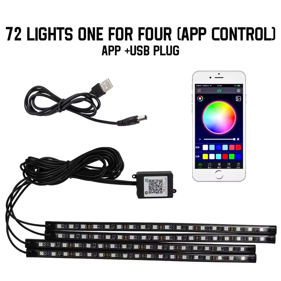 Neon RGB Car Interior Foot Lights – 48/72 LED Ambient Lighting with USB, APP & Remote Control
