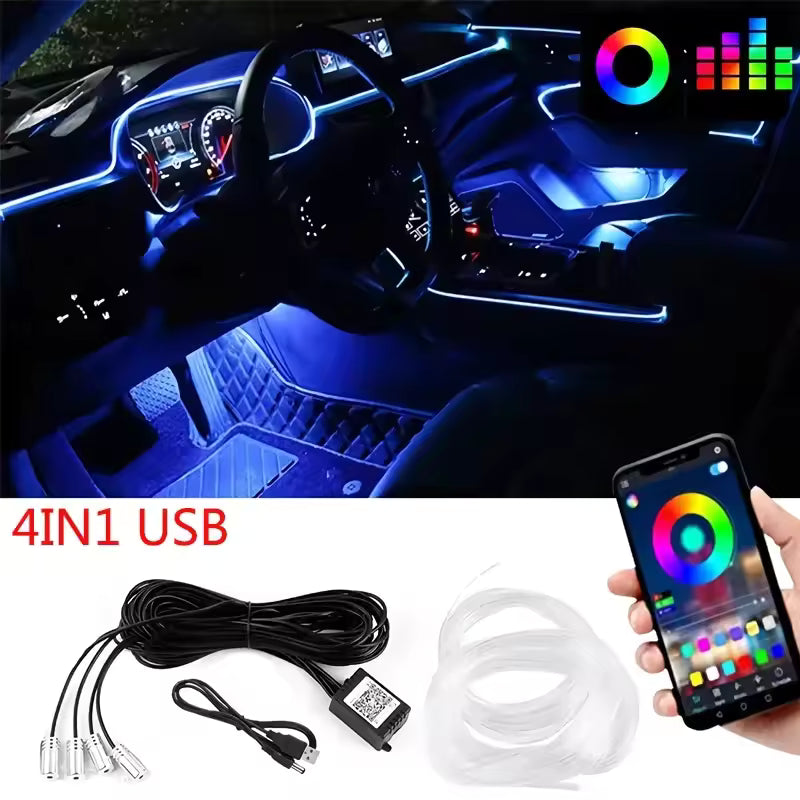 APP Control RGB EL Wire Car Interior Light – Flexible Neon Ambient Strip 12V