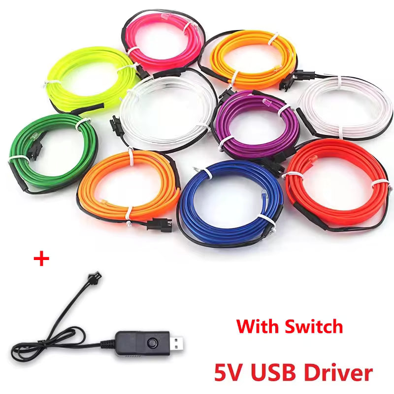 1M/2M/3M/5M USB Car Interior Neon Light Strip – Flexible LED Door & Reading Light Decoration 12V Red
