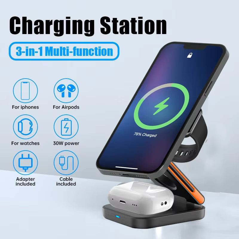 3-in-1 Foldable Magnetic Wireless Charger Stand for iPhone, Apple Watch & AirPods Pro