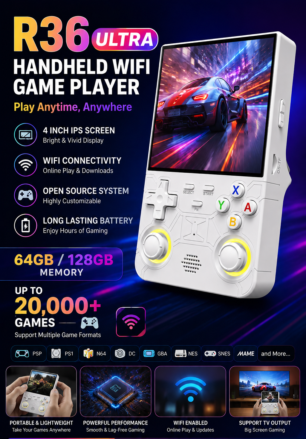 R36 Ultra Handheld WiFi Game Console 64GB/128GB – 4 Inch IPS Screen Retro Gaming Player with 20,000+ Games