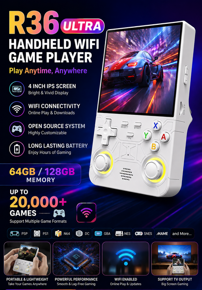R36 Ultra Handheld WiFi Game Console 64GB/128GB – 4 Inch IPS Screen Retro Gaming Player with 20,000+ Games