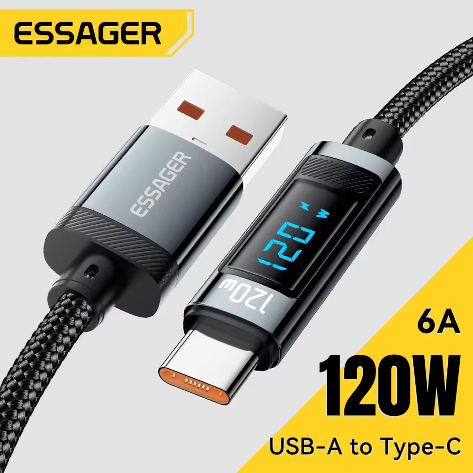 Essager 120W USB-C Fast Charging Cable | LED Digital Display Charger Cord