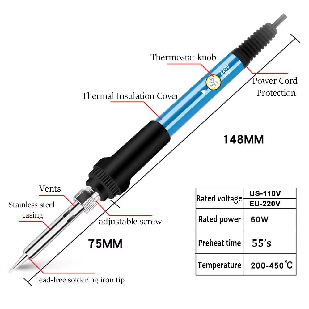 60W Adjustable Temperature Electric Soldering Iron for DIY Repair