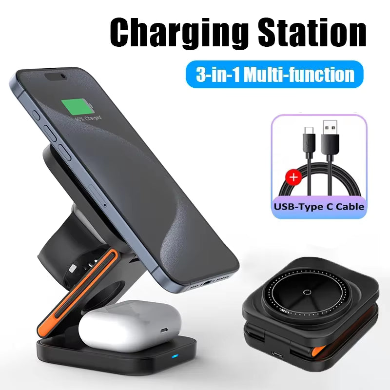 3-in-1 Foldable Magnetic Wireless Charging Station for iPhone, Apple Watch & AirPods Pro