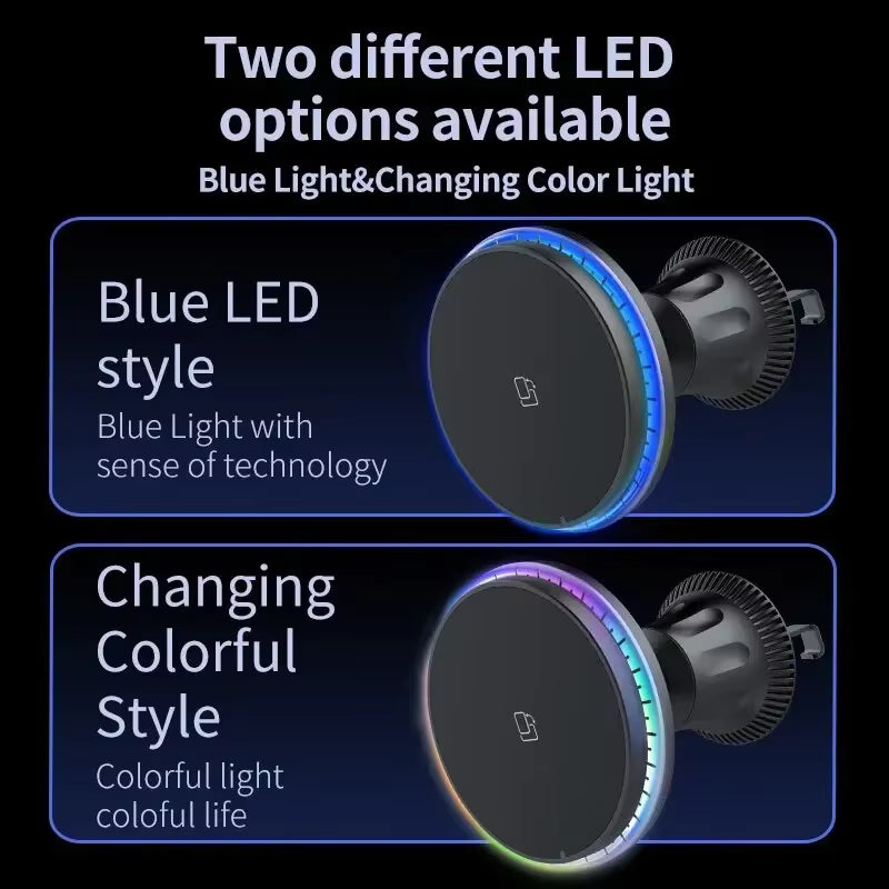 RGB Magnetic Wireless Car Charger & MagSafe Phone Mount for iPhone 12–17 Pro Max