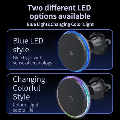 RGB Magnetic Wireless Car Charger & MagSafe Phone Mount for iPhone 12–17 Pro Max