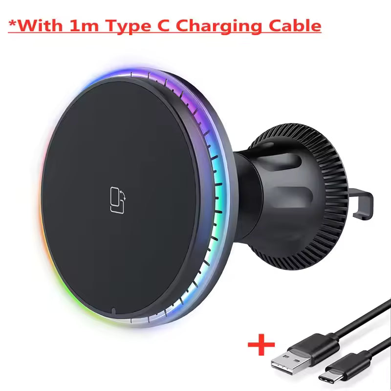 RGB Magnetic Wireless Car Charger & MagSafe Phone Mount for iPhone 12–17 Pro Max