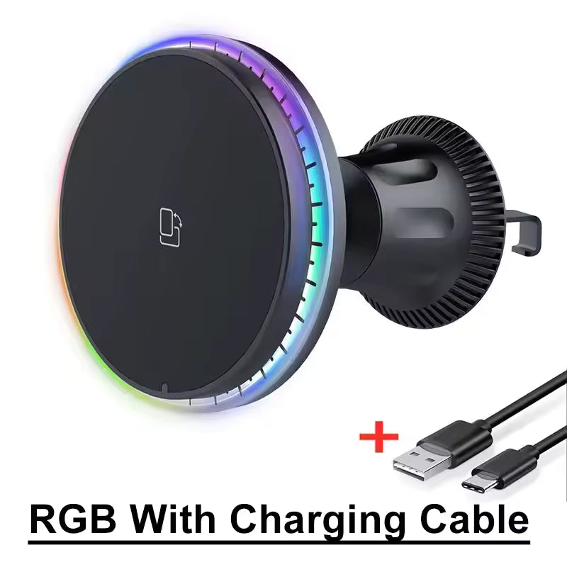 RGB Magnetic Wireless Car Charger & MagSafe Phone Mount for iPhone 12–17 Pro Max
