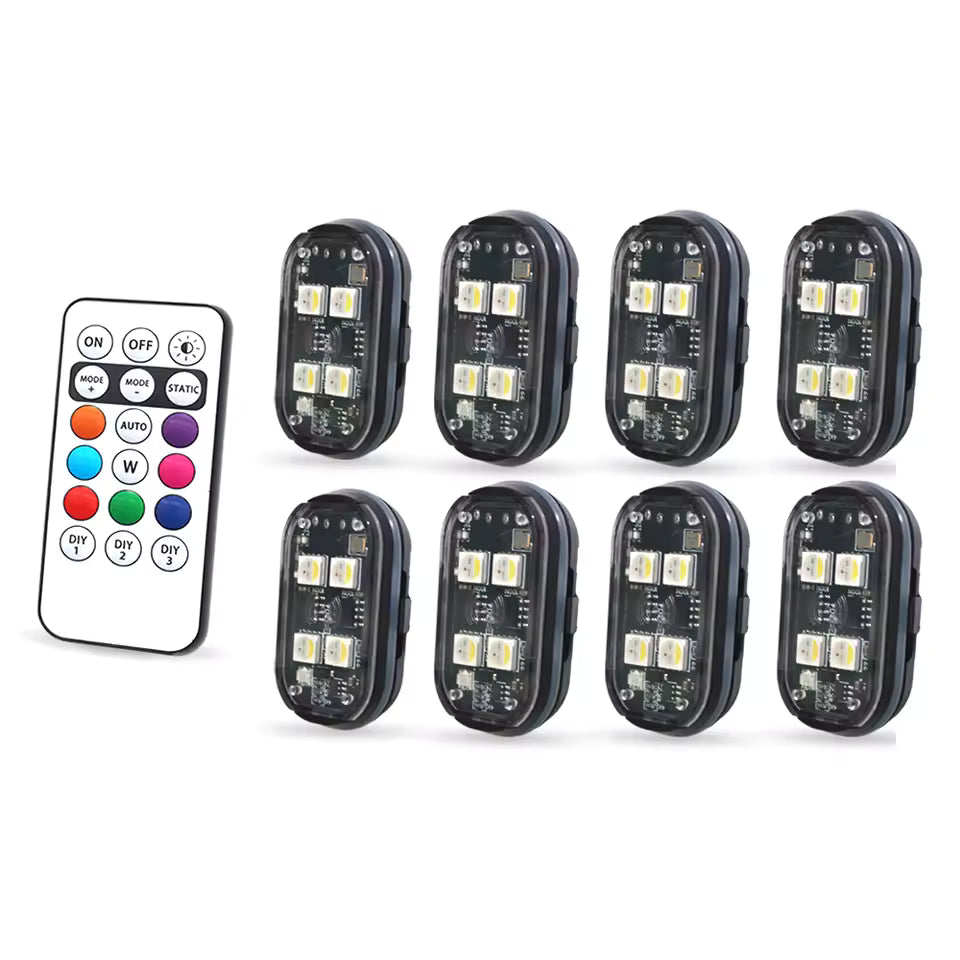 Wireless LED Strobe Lights (2/4PCS) – 8 Color Rechargeable Anti-Collision Warning Lights for Cars