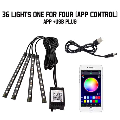 Neon RGB Car Interior Foot Lights – 48/72 LED Ambient Lighting with USB, APP & Remote Control