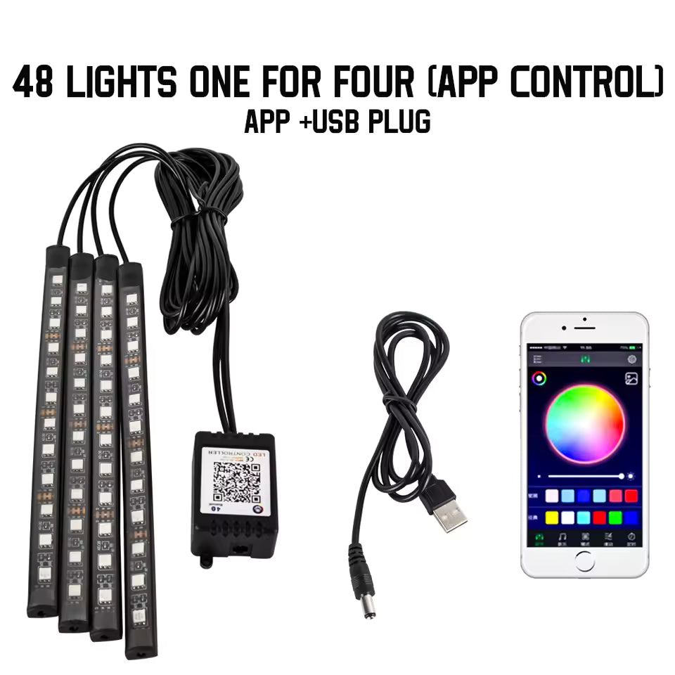 Neon RGB Car Interior Foot Lights – 48/72 LED Ambient Lighting with USB, APP & Remote Control