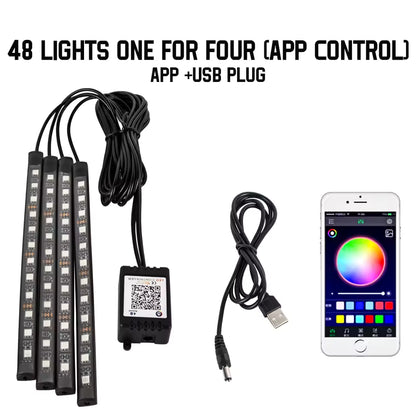 Neon RGB Car Interior Foot Lights – 48/72 LED Ambient Lighting with USB, APP & Remote Control