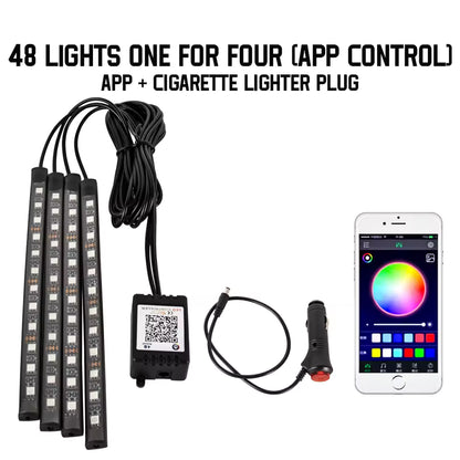 Neon RGB Car Interior Foot Lights – 48/72 LED Ambient Lighting with USB, APP & Remote Control