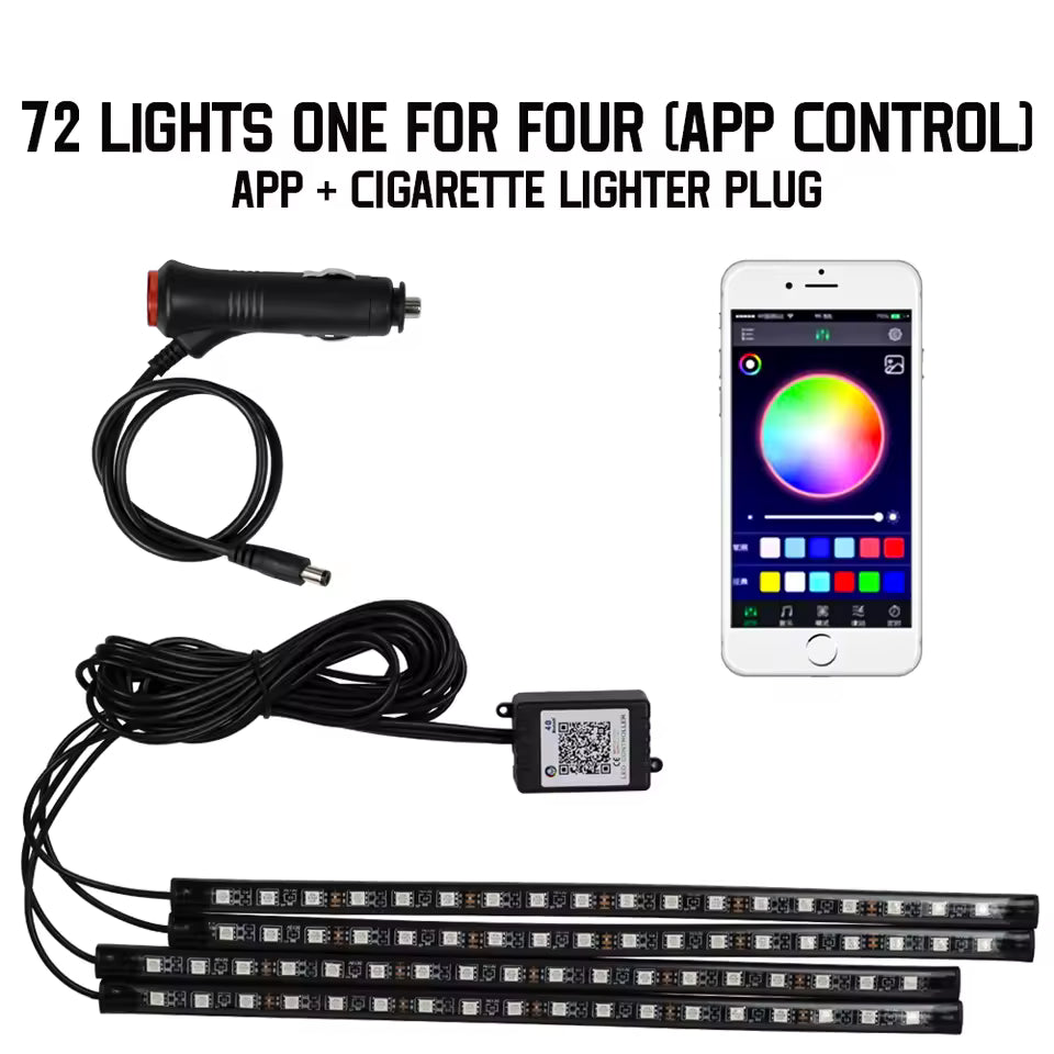 Neon RGB Car Interior Foot Lights – 48/72 LED Ambient Lighting with USB, APP & Remote Control