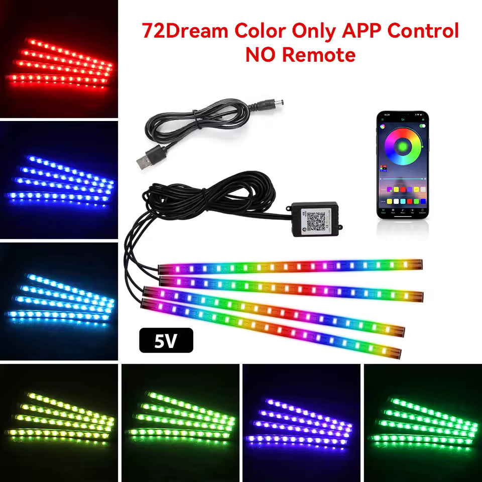 Neon RGB Car Interior Foot Lights – 48/72 LED Ambient Lighting with USB, APP & Remote Control