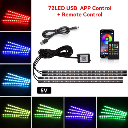 Neon RGB Car Interior Foot Lights – 48/72 LED Ambient Lighting with USB, APP & Remote Control