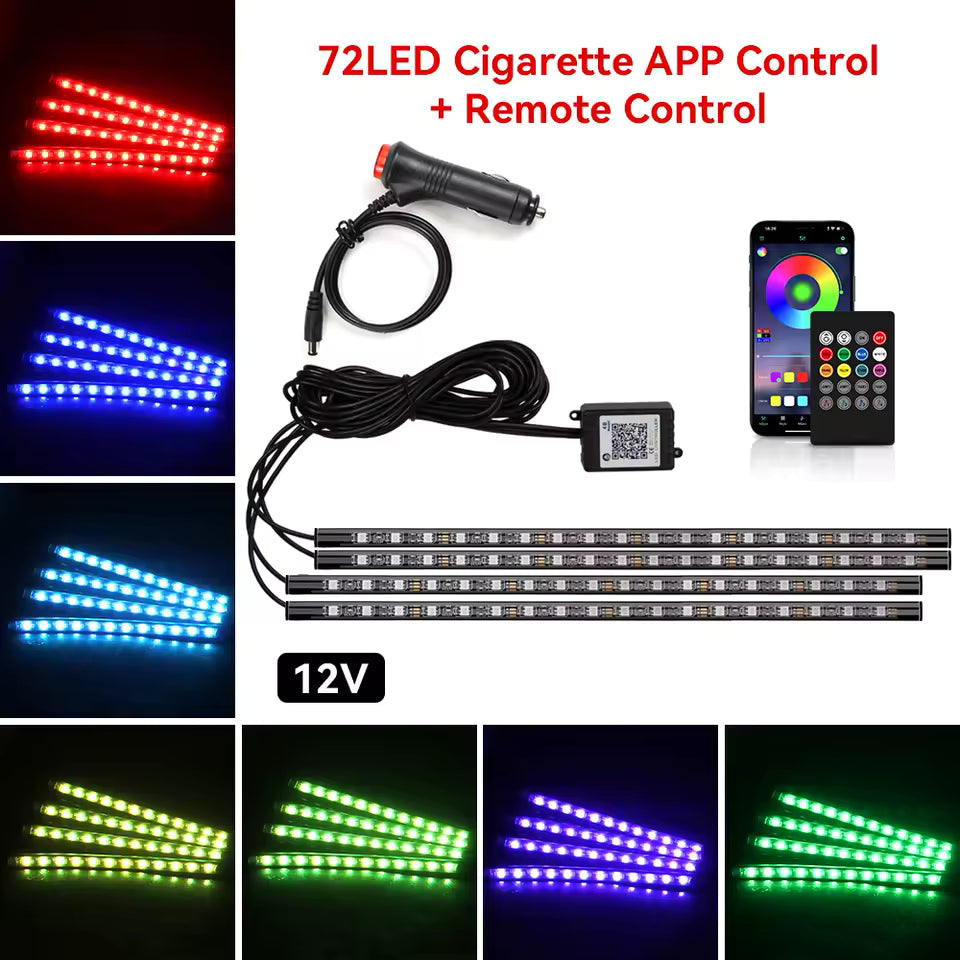 Neon RGB Car Interior Foot Lights – 48/72 LED Ambient Lighting with USB, APP & Remote Control