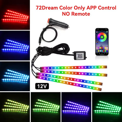 Neon RGB Car Interior Foot Lights – 48/72 LED Ambient Lighting with USB, APP & Remote Control