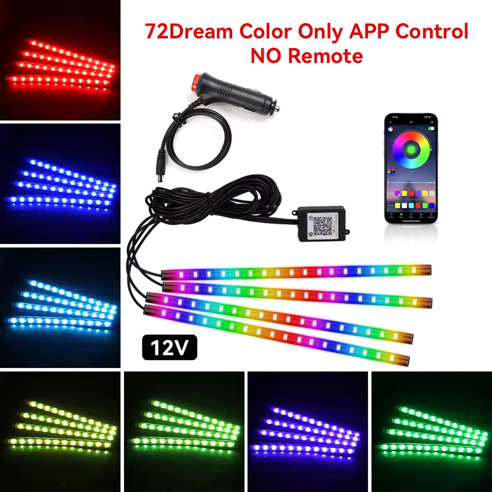 Neon RGB Car Interior Foot Lights – 48/72 LED Ambient Lighting with USB, APP & Remote Control