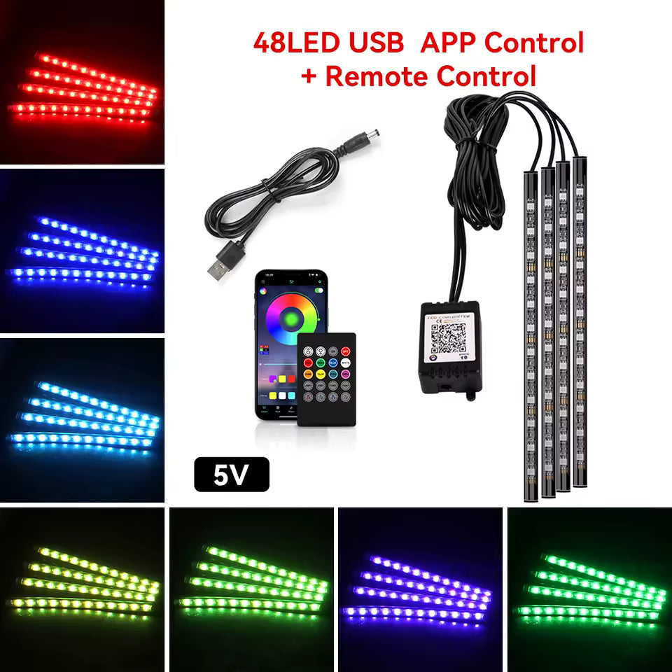 Neon RGB Car Interior Foot Lights – 48/72 LED Ambient Lighting with USB, APP & Remote Control