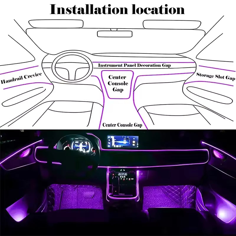 APP Control RGB EL Wire Car Interior Light – Flexible Neon Ambient Strip 12V