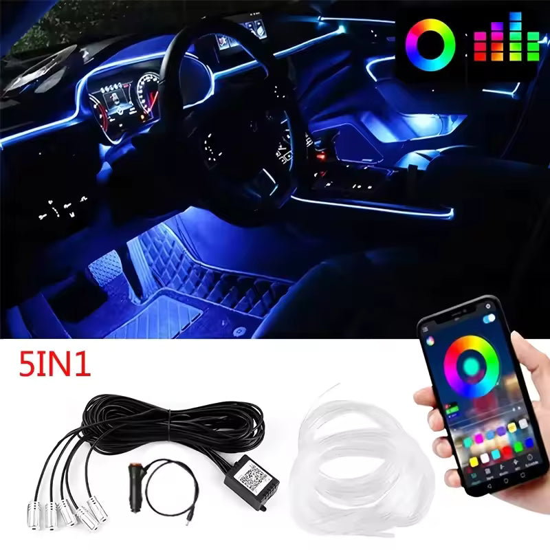 APP Control RGB EL Wire Car Interior Light – Flexible Neon Ambient Strip 12V