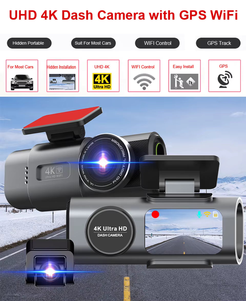4K UHD Dash Cam – Car DVR Camera with Night Vision, Wi-Fi, GPS & 24H Parking Monitor