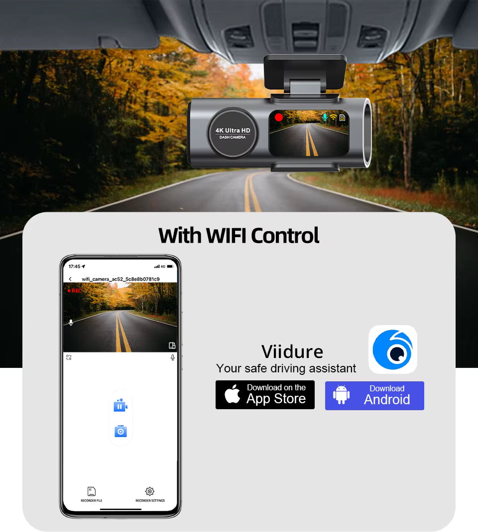 4K UHD Dash Cam – Car DVR Camera with Night Vision, Wi-Fi, GPS & 24H Parking Monitor