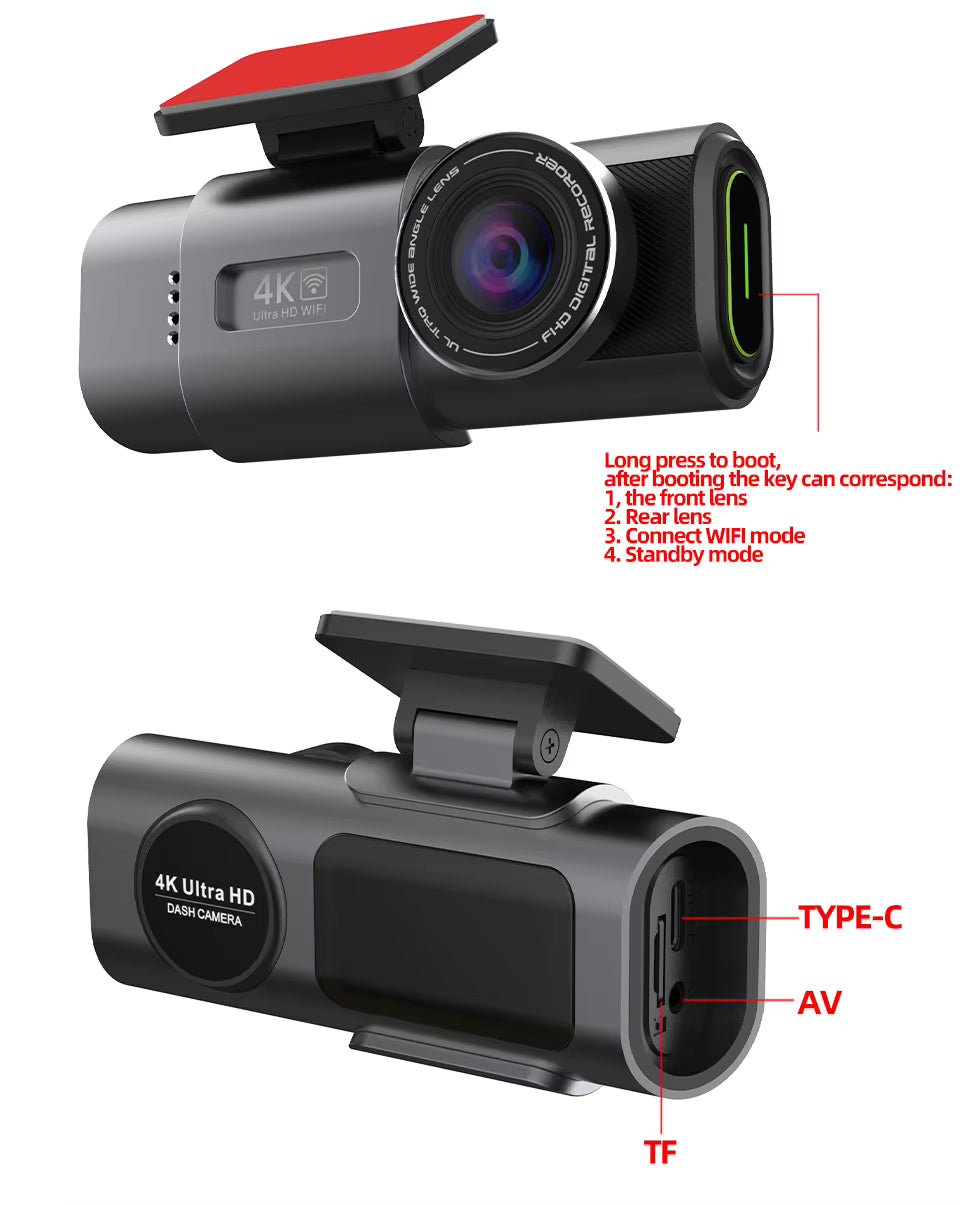 4K UHD Dash Cam – Car DVR Camera with Night Vision, Wi-Fi, GPS & 24H Parking Monitor