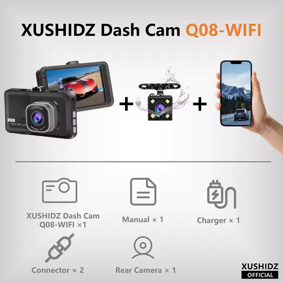 XUSHIDZ 1080P HD Dash Cam – Car DVR Recorder with Night Vision, Loop Recording, G-Sensor & 24H Parking Monitor