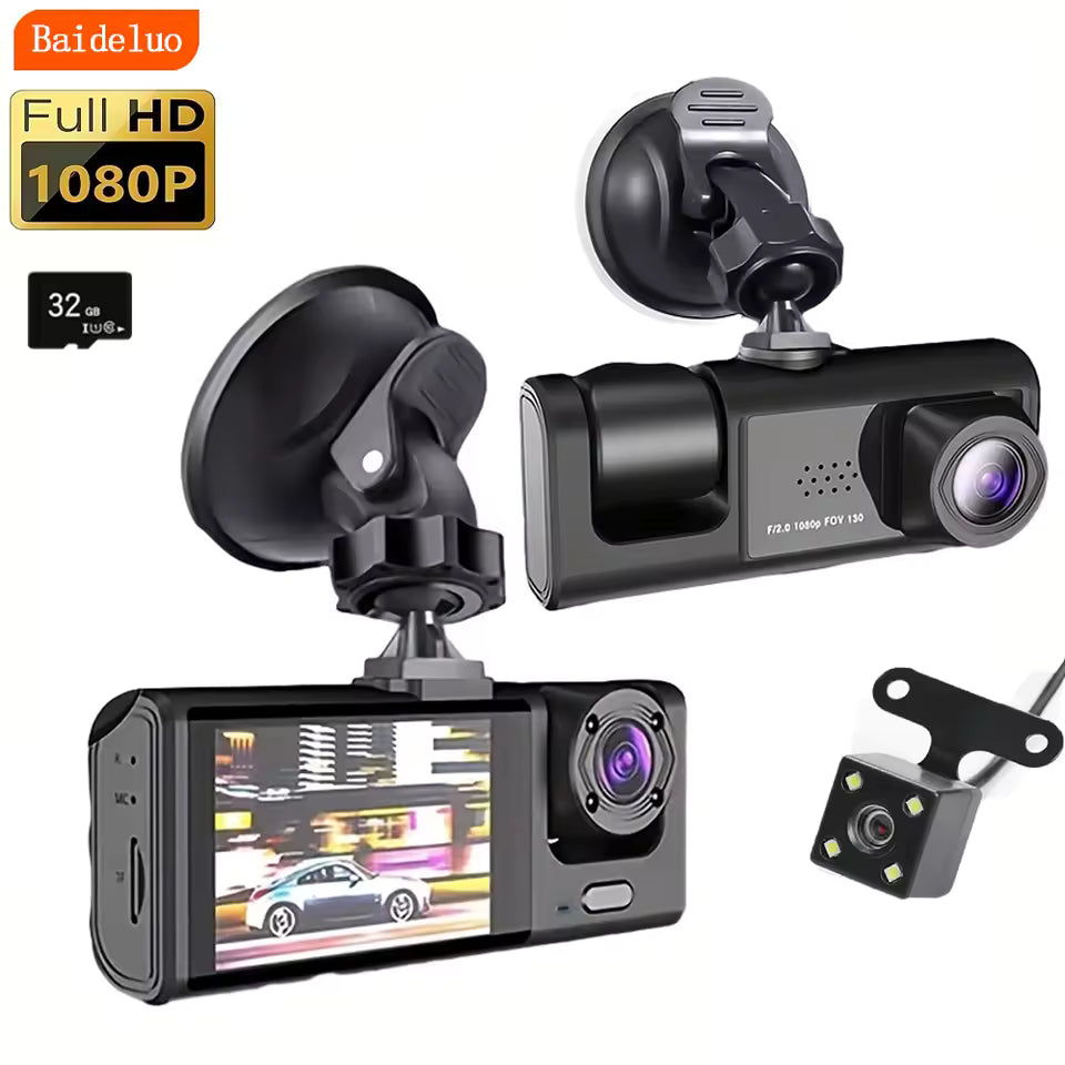 1080P 3-Camera Dash Cam – IR Night Vision, Loop Recording & 2" IPS Screen DVR