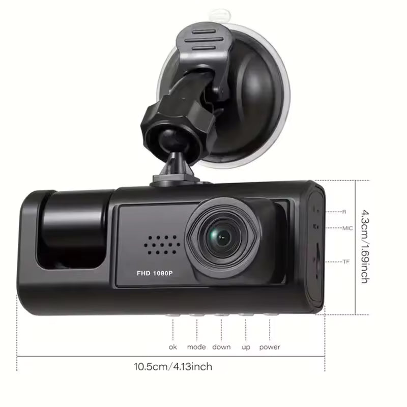 1080P 3-Camera Dash Cam – IR Night Vision, Loop Recording & 2" IPS Screen DVR