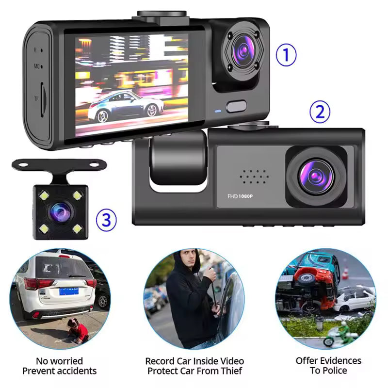 1080P 3-Camera Dash Cam – IR Night Vision, Loop Recording & 2" IPS Screen DVR