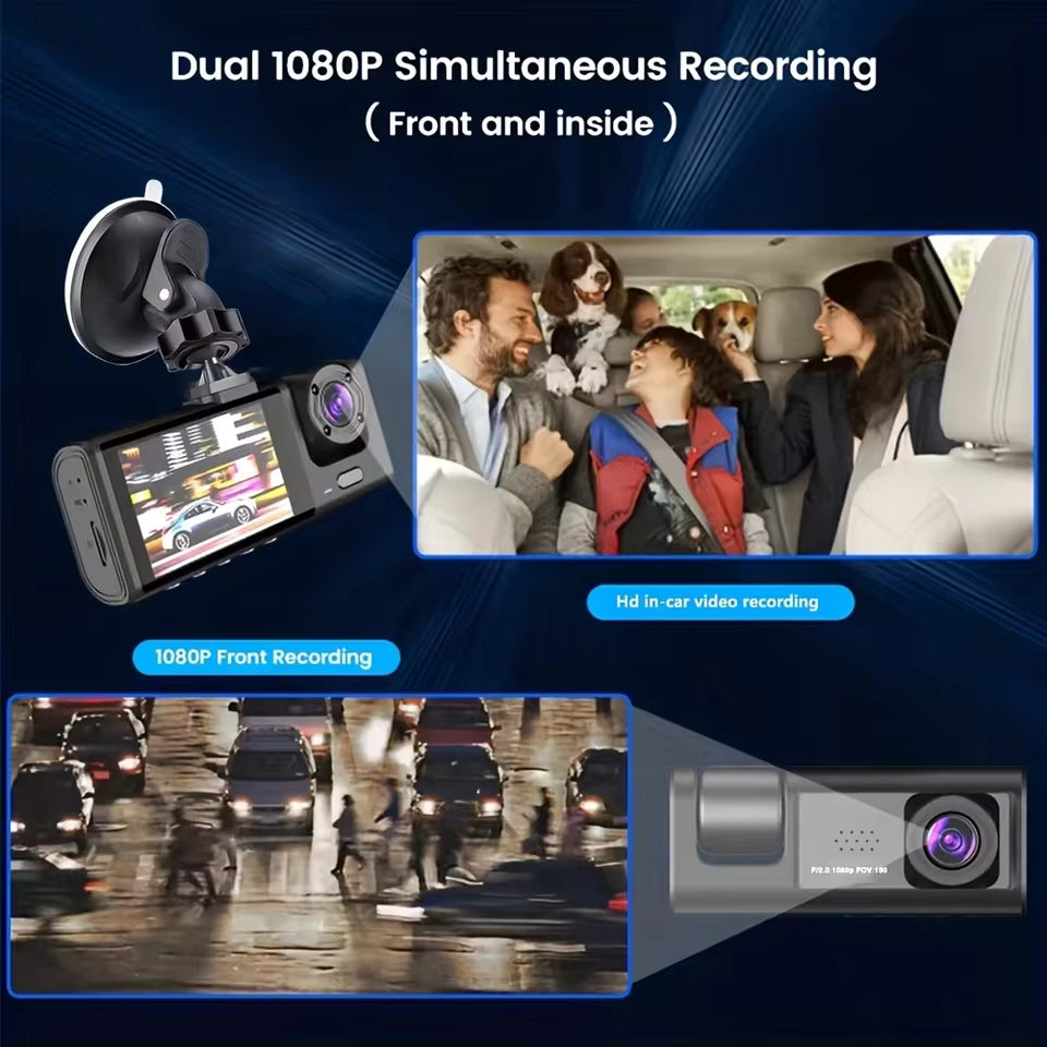 1080P 3-Camera Dash Cam – IR Night Vision, Loop Recording & 2" IPS Screen DVR