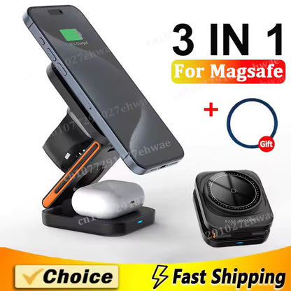 3-in-1 Foldable Magnetic Wireless Charger Stand for iPhone, Apple Watch & AirPods Pro
